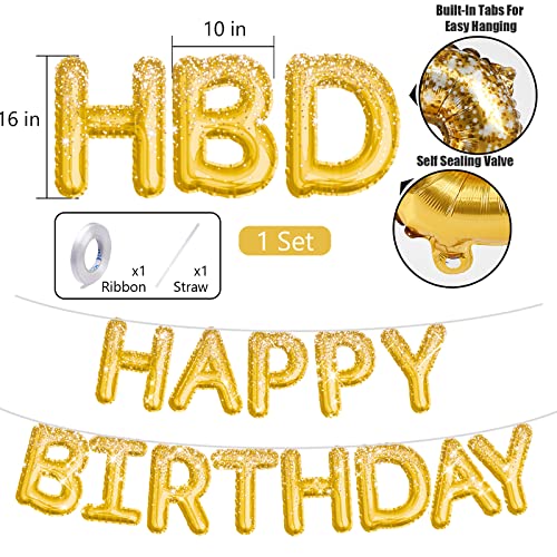 Partywoo Happy Birthday Balloon Banner, 16 Inch Gold Happy Birthday Sign, Mylar Foil Birthday Balloon, Inflatable Hanging Letter Kit For Gold Birthday Decorations #TOP4
