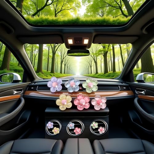 Image of 6Pcs Multicolor Pentapetal Flower Car Accessories for Women, Flower Cars Air Vent Clips Air Conditioner Outlet Decoration Car Interior Decor Charm, Air Fresheners Interior Accessories