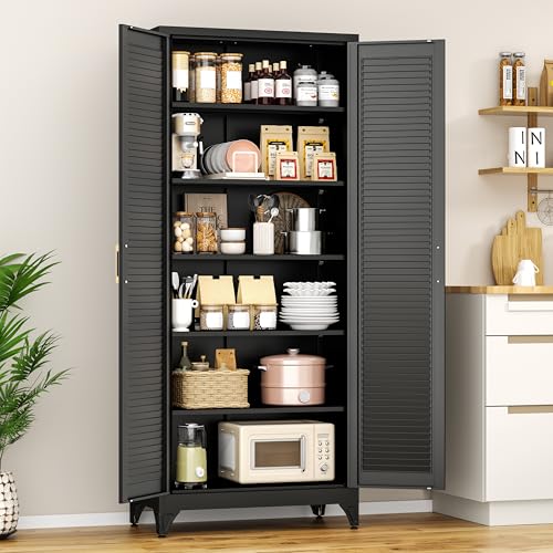 Image of Polup 75 inch Metal Storage Cabinet with Doors and Shelves, Black Kitchen Pantry Cabinet, 6-Tier Freestanding Tall Storage Cabinet for Garage, Office, Bathroom, Laundry Room, Dining Room