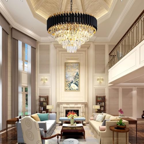 Image of TRIXY Chandeliers Lights for Ceiling Black Gold Round Crystal Pendant Light Lamp | 5 Tier, K9 Crystal 600mm Stylish Jhoomar Fixture for Bedroom, Dining Room, Living Room Interior Lighting