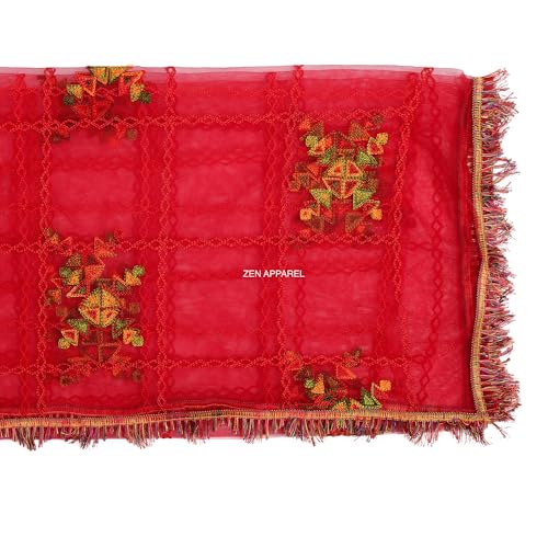 Image of ZEN APPAREL Women's Embroidered Net Dupatta with Lace Borders (Z-101) Premium Net Fabric Golden Aari Work