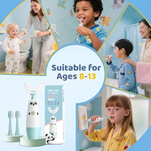 Image of Kids U-Shaped Electric Toothbrush with 2 Brush Heads, Toddlers Sonic with 360 Degree Cleaning, Soft Bristles, Battery Included, IPX7 Waterproof, Cute cartoon for Girls and Boys, Ages 8-13 (Blue)
