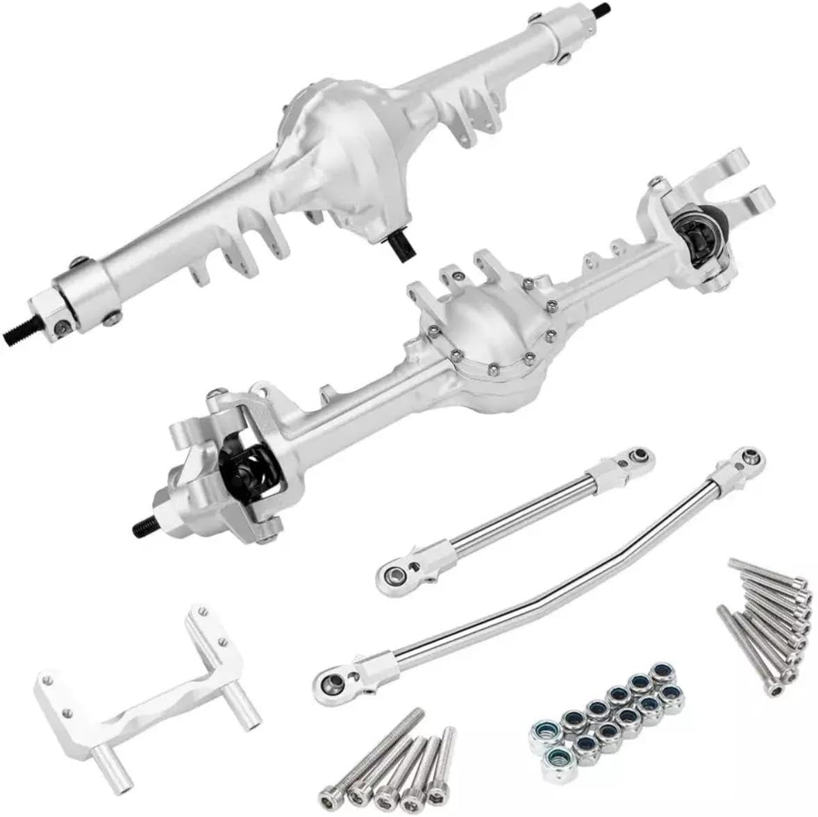 Aluminum Front & Rear Axles CNC Complete Axle Set for 1/10 RC Crawler Car Axial SCX10 II 90046 90047 Upgrade Parts (Silver)