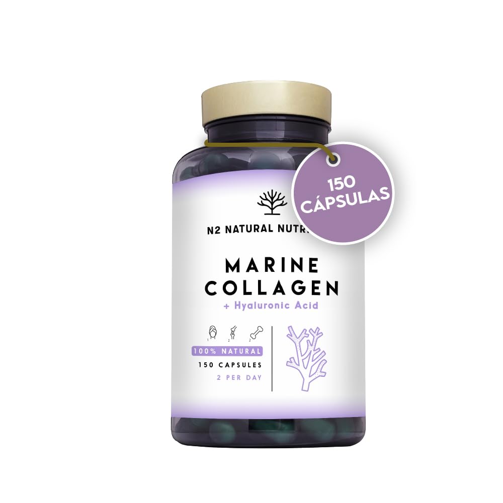 Colageno con Magnesio y Acido Hialuronico. Vitamina C. 150 Cápsulas Suministro 75 días. Alta Concentración. Cuidado de Articulaciones, Piel y Huesos. Colágeno Marino PEPTAN. CE.N2 Natural Nutrition