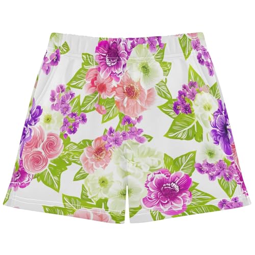 Girls Athletic Shorts Pink Purple Floral White Comfy Casual Youth Summer Pajama Sleep Shorts with Pockets, X-Small