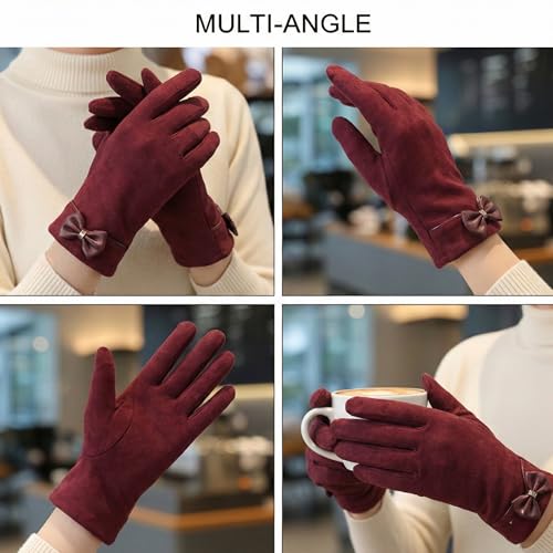 Image of Kraptick Women's Winter Thermal Gloves - Elegant Suede Fleece Lined Warm Full Finger Hand Gloves with Bow Knot - Windproof Soft Driving Mittens for Ladies & Girls (Free Size, Purple)-8