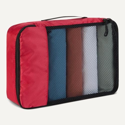 Image of Amazon Essentials 4-Piece Packing Cubes Travel Accessories Set, Luggage Organizer with Double Zipper, Mesh Top, Space-Saving, 2 Medium /2 Large, Red (Previously Amazon Basics)
