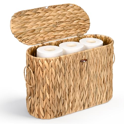 Toilet Paper Storage Basket with Lid & Handles Natural Water Hyacinth Slim Toilet Paper Holder Holds Up to 6 Mega Rolls Decorative Hand-Woven Wicker Rattan Bathroom Dcor Organizer