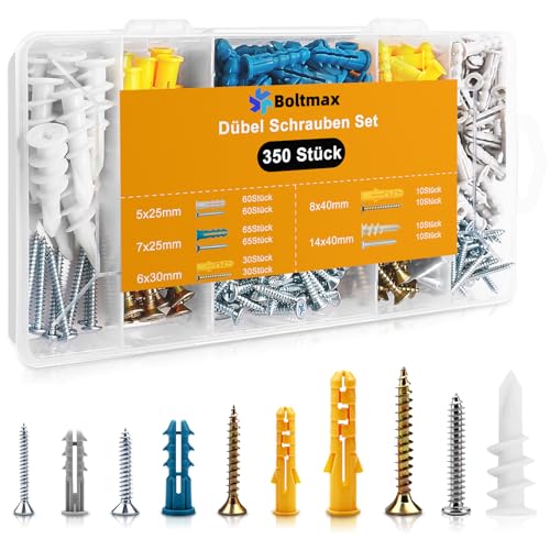 Boltmax 350 Stück Dübel Schrauben Set Dübel Set Rigipsdübel mit Schrauben Trockenbau Dübel in verschiedenen Größen Hohlraumdübel für verschiedene Wandmaterialien wie Beton Ziegeln und Gipskarton