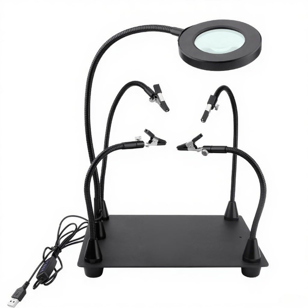 Helping Hands Soldering Station with 5X Magnifying Glass with light, 4 Flexible Helping Hand Arms Magnifier and Third Hand Soldering Tool for