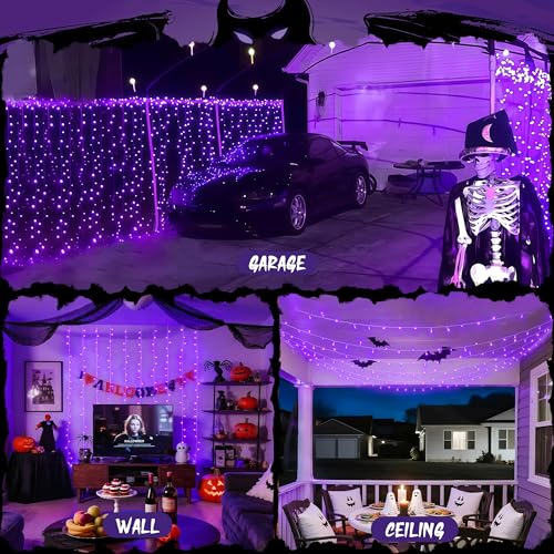 Image of JMEXSUSS 300LED Purple Halloween Lights, 9.8x9.8ft Curtain Lights Plug in | With Remote, 8 Modes, Hanging String Lights for Indoor, Outdoor, Bedroom, Window, Party, Backdrop, Xmas, Halloween Decoration
