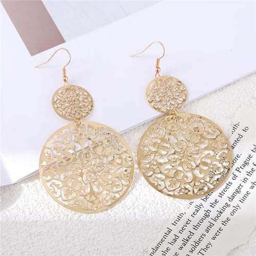 coadipress Boho Filigree Hollow Out Geometric Dangle Drop Earrings for Women Retro Double Round Disc Statement Metallic Cutout Metal Flower Large Earrings Ethnic Style Jewelry Gifts3