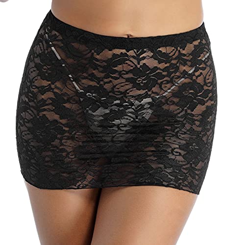 Women's Flower Pattern Mid Waist Elastic Waistband Sheer Lace Skirts Bodycon Mini Skirts