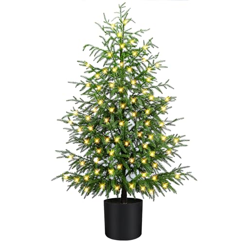 ENVEN 4FT Pre-Lit Artificial Norfolk Pine Christmas Tree – Realistic Potted Tree with 100 LED Lights & 8-Function Battery Box, Pre-Assembled Faux Holiday Décor for Indoor Use