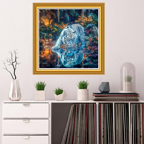 Image of Dooxvey Counted Cross Stitch Kits for Adults 11CT Printed Cross-Stitch Patterns Cross Stitching Embroidery Kit Stamped or Counted Needlepoint Kits-Forest White Tiger 18x18 inch