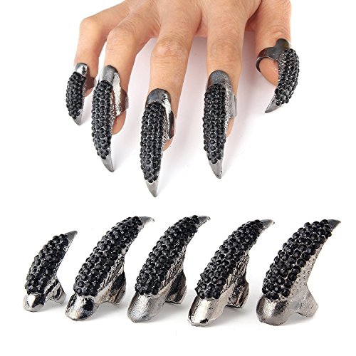 False Nail Punk Style Clear Crystal Claw Paw Talon Finger RING Knuckle Bend Fingertip Finger Claw Ring Set of 5 Pcs (Black)
