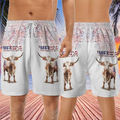 Men's Patriot Cow Swim Trunks - American Independence Day Quick-Dry Hawaiian Swim Shorts for Men Series 272
