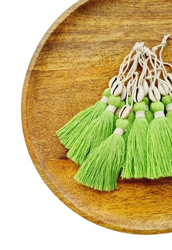 Image of Zippy Flora Handmade Cotton Tassels with Cowrie Shells for DIY & Crafts Project, Pack of 10 (Parrot Green)