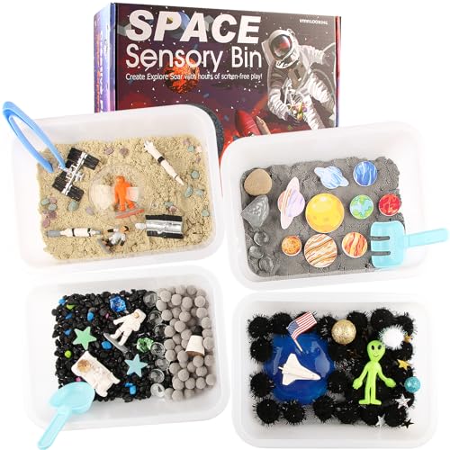 Space Themed Sensory Bin Filler,Planet Toys for Kids, Universe Solar System for Autistic Children, Space Astronauts Sensory Toys for Toddlers with 9 Planets, Sand, 3 Tools and More
