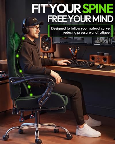 Image of Dowinx Ergonomic Gaming Chair with Footrest & Massage Lumbar, 2D-Linkage Armrests for Computer Chair 330lbs with Headrest Pillow for Office, Home, Streaming and Long Gaming Sessions, Fabric Dark Green
