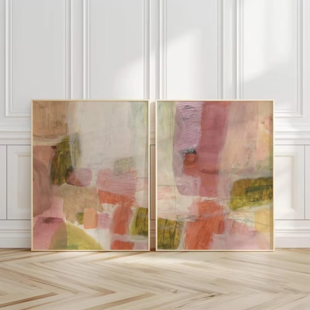 Lienzos impresos abstractos en tonos pastel para pared, estampado en terracota y lavanda, pintura verde oliva para sala de estar (60x85cm - 2 piezas)
