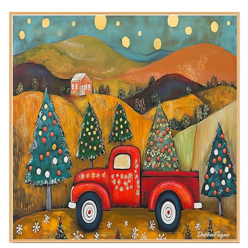 Vintage Red Christmas Truck with Decorated Trees Driving Through Rolling Hills in Whimsical Folk Art Landscape on Pecan Floating Framed Canvas -Wall Art Prints for Holiday Decor, 16" x 16"