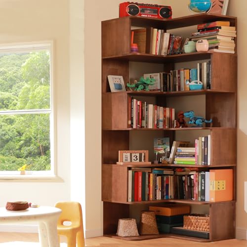 Vockol Eck Bücherregal, 190 cm Massivholz Bücherregal Veranstalter, 6-Stufiges Eckregal, Großes Eck Ausstellungsregal für Wohnzimmer, Schlafzimmer und Home-Office, Walnuss