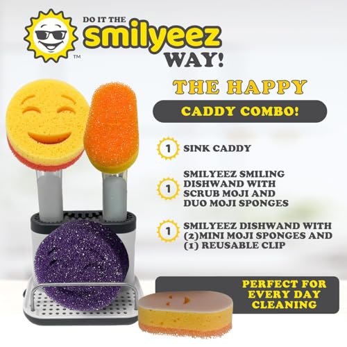 Image of Smilyeez Caddy Combo, Sink Caddy, Smiling Handle, 2 Scrub Moji Sponges, Dishwand with 2 Mini Moji Sponges (Light Blue)