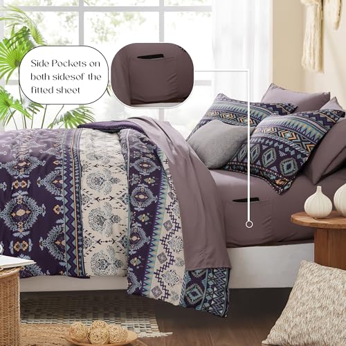 Image of Geniospin Queen Comforter Set - 7 Pieces Bedding Set, Boho Bed in A Bag, Lightweight Soft Aztec Bedding, All Season Bed Comforter Set with Sheets, Pillowcases & Shams
