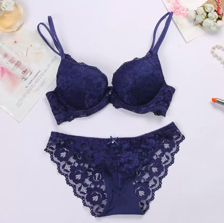 Image of Foxline Women's Lace Push Up Underwired Solid Lingerie Set