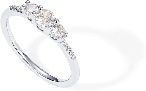 PAVOI Anillo redondo de 3 piedras de circonita cúbica chapada en oro de 14 quilates Anillo de compromiso para mujer Anillo de promesa para ella,