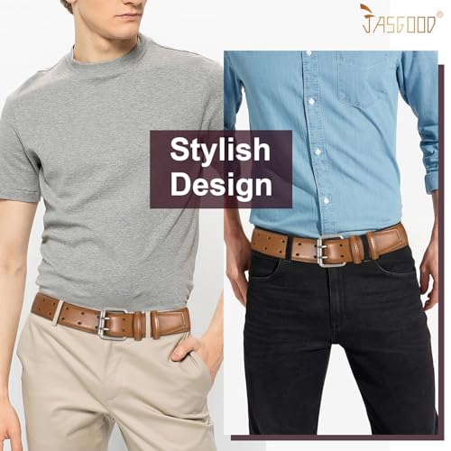 Image of JASGOOD Men Double Prong PU Leather Belt Casual Work Heavy Duty Belt Double Grommet Holes Belt for Jeans