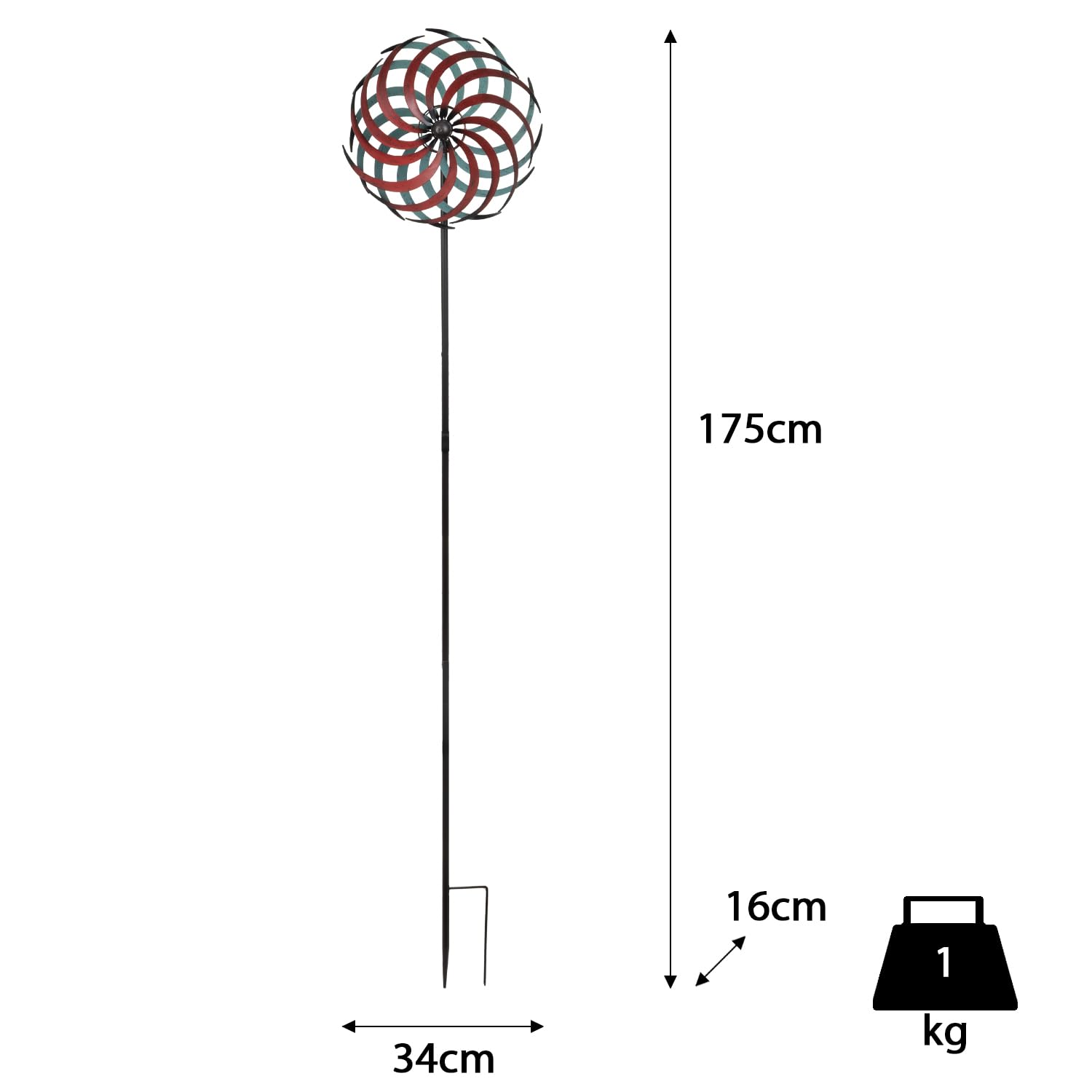 Molinillo de viento de metal para jardín, 175 cm de alto, doble caña, diámetro de 34 cm, color rojo y turquesa, resistente a la intemperie, para jardín, jardín, jardín, molinillo de viento de metal