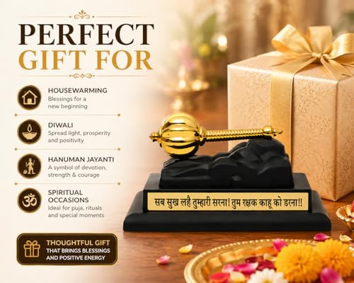 Image of Hanuman Gada Gold Plated Idol for Car Dashboard, Home Decor & Office Table | Bajrangbali Murti for Pooja Room | Spiritual Gift Item for Housewarming | Gold | 6 cm