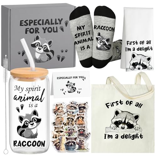 Splendest Raccoon Gifts for Women Glass Cup Canvas Tote Bag Hand Towel Cozy Socks Stickers & Greeting Card Cute Accessories for Birthday Christmas