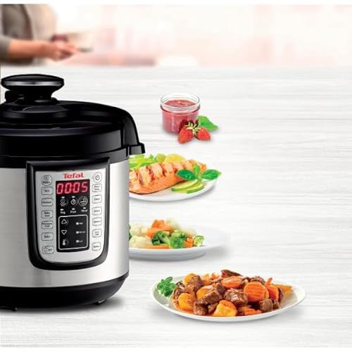 Foto von Tefal CY505E Fast & Delicious Multikocher, elektrischer Schnellkochtopf, 6 L Kapazität, 25 Automatische Programme, Bis zu 80 % schnelleres Kochen, Energiesparend, Rezeptheft, 1200 W, Edelstahl