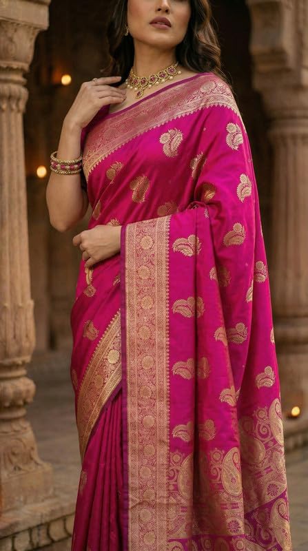 Image of C J Enterprise Women's Pure Soft Silk Saree With Blouse Piece For Wedding (KeriLichi)