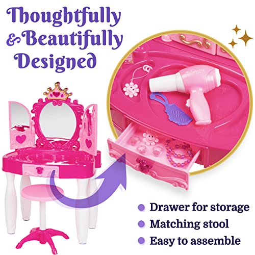Prextex Kids Makeup Table With Mirror And Chair, Princess Play Set, Vanity Table With Makeup Accessories And Light And Musical Sound Effects For Toddler Girls #TOP1