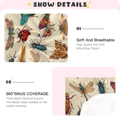 Image of Flying Vintage Insect Bugs Crib Sheets Soft Breathable Fitted Baby Crib Sheets Mattress Cover for Girls Boys, 52 inch x 28 inch x 9 inch