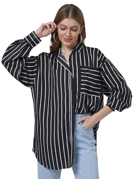 style quotient Women Black and White Stripe Printed Poly Crepe Oversized Casual Shirt-picture-17