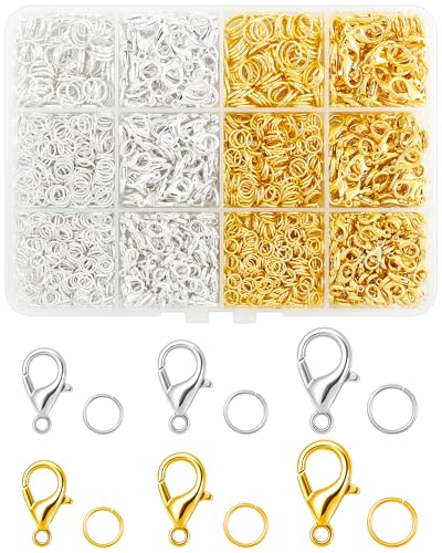 1800PCS FIVEIZERO Lobster Claw Clasps and Jump Rings Set - Gold and Silver Jewelry Clasps for Necklace Bracelet Keychains and DIY Jewelry Making Supplies