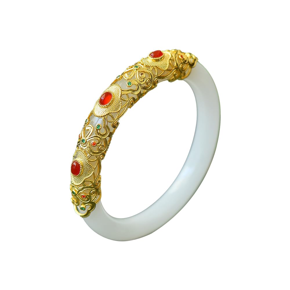 Pulsera de Brazalete de Jade Blanca para Mujeres Buena Suerte Mujer de Brazalete Rojo Rhinestones Decorados de Oro Antiguo Diseño de Incrustaciones Jade Stone Pulsera (de Piedra Jade35,58-59)