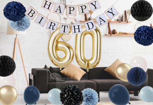 Image of 60th Birthday Decorations for Men -Black Royal Blue 60 birthday party supplies for Happy man with Fabulous Champagne Gold Balloons Tissues Pom poms Decor (Navy blue +Gold)