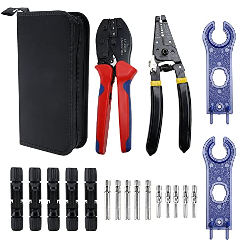 Erfo Solar Crimping Tool Kit for 2.5 4.0 6.0mm² Solar Panel PV Cable,Wire Stripper and Cutter,2pcs Solar Connector Assembly Tool Spanner,5 Pairs of Male Female Solar Panel Cable Connectors