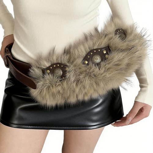 Y2K Studded Faux Fur Belt, Punk Chunky Wide Disc Belt, PU Leather Brown Waist Strap for Women Adjustable for Jeans Dress Pants