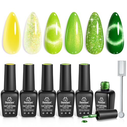 Image of Beetles Green Gel Nail Polish Set - 6 Colors Cat Eye Sparkle Glitter Gel Polish Starter Kit with Magnet, Summer Lime Yellow Flash UV LED Gel Nail Kit for DIY Home & Salon Use