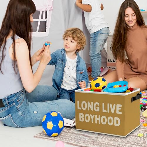 Image of Long Live Boyhood Boys Storage Bins Box with Handles, Yellow Pattern Collapsible Basket Organizer for Kids Teen Boy Nursery Room Bedroom Bathroom Playroom Books Clothes