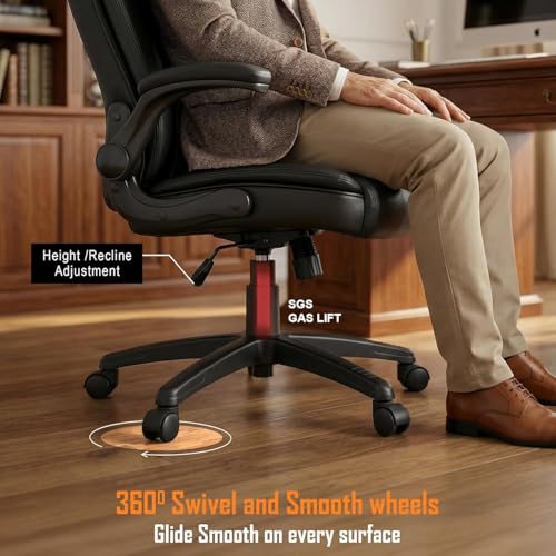 Image of DROGO Dominus Ergonomic Office Chair for Work from Home | Computer Chair for Study | PU Leather Executive Boss Chair with Flip-Up Armrest, Wide Cushion Seat (Black)
