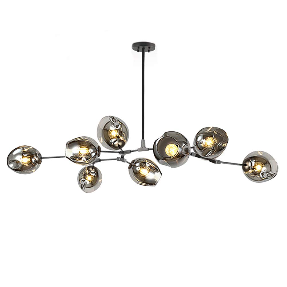 CSXSXAUO Adjustable Height Modern Nordic Glass Ball Chandelier - Matte Black Pendant Light, 8 E26 Bulbs, Hand Blown Branches, Mid Century Globe Lighting, Electropolished Metal