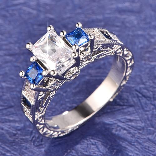 925 Sterling Silver Engagement Rings Radiant Cut Solitaire Cubic Zirconia CZ Wedding Promise Rings for Her 3 Stone Wedding Band for Women4